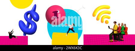 Collage d'arte contemporanea. Persone con simboli e forme 3D che rappresentano la connettività digitale e la comunicazione nel processo di lavoro. Foto Stock