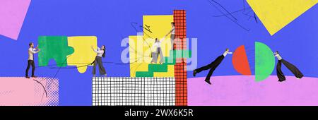 Collage d'arte contemporanea. I giovani che lavorano in team per avere successo nelle imprese, i datori di lavoro hanno una crescita professionale. Risultati positivi. Foto Stock