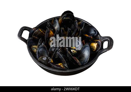 Cozze cotte con salsa di vino bianco in una padella con erbe aromatiche. Isolato su sfondo bianco. Vista dall'alto Foto Stock