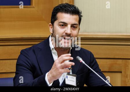 Roma, Italia. 28 marzo 2024. Francesco Amodeo durante la presentazione dei candidati elle prossime elezioni europee nella lista comune &#x201c;Libert&#xe0;&#x201d;. Roma, Gioved&#xec;, 28 marzo 2024 (foto Roberto Monaldo/LaPresse) Francesco Amodeo durante la presentazione dei candidati alle prossime elezioni europee con la lista "Libert&#xe0;". Roma, giovedì 27 marzo 2024 (foto di Roberto Monaldo/LaPresse) credito: LaPresse/Alamy Live News Foto Stock