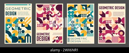 Collage geometrico astratto per poster, modello di certificato creativo e copertina del libro. Sfondi contemporanei verticali vettoriali con forme audaci e motivi di giallo o turchese, viola e rosa Illustrazione Vettoriale