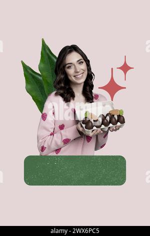 Collage di illustrazioni di una ragazza felice e gioiosa con le mani, vassoio di uova di cioccolato pan di zenzero, carota, vacanza di pasqua isolata su sfondo creativo Foto Stock