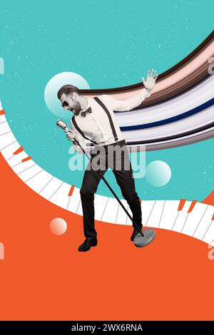 Immagine di schizzo grafica di tendenza composita collage di foto 3D di un giovane musicista che canta la canzone nel bar tenere in mano il microfono la musica vola in aria Foto Stock