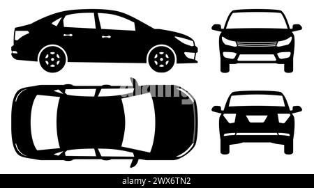 Silhouette dell'auto su sfondo bianco. Le icone del veicolo impostano la vista laterale, anteriore, posteriore e superiore Illustrazione Vettoriale