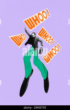 Poster. Collage d'arte contemporanea. Giovane uomo d'affari con un business case in mano che balla sulle sue lunghe ed enormi gambe e grida Who. Foto Stock