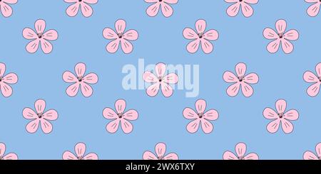 Motivo senza cuciture con testa rosa sakura o fiori di ciliegio su illustrazione vettoriale blu in stile doodle Illustrazione Vettoriale