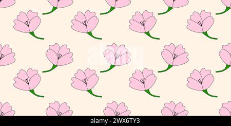 Motivo senza cuciture con sakura rosa o fiori di ciliegio su beige, illustrazione vettoriale in stile doodle Illustrazione Vettoriale
