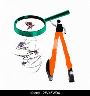 Poster. Collage d'arte contemporanea. Uomo con le gambe lunghe in pantaloni arancioni che utilizza una grande lente d'ingrandimento per esaminare le mosche colorate. Foto Stock