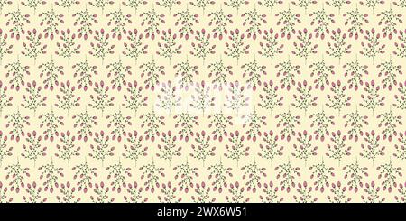 Motivo senza cuciture con piccoli fiori di rose in fiore sui rami, fiori rosa su giallo, illustrazione vettoriale in stile doodle Illustrazione Vettoriale