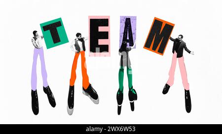 Poster. Collage d'arte contemporanea. Un gruppo di datori di lavoro sicuri e di successo si trova vicino a Word team. Lavorare in squadra. Foto Stock