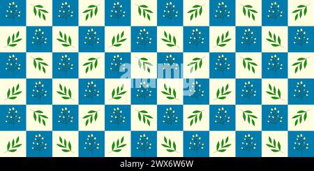 Motivo senza cuciture con piccoli fiori di rose fiorite su cespuglio e rami, sfondo blu e giallo a quadri, illustrazione vettoriale in stile doodle Illustrazione Vettoriale