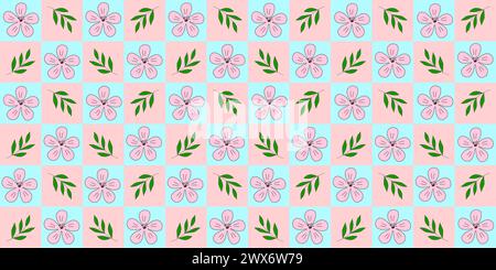 Motivo senza cuciture con fiori e rami rosa sakura o ciliegio in fiore, su sfondo rosa e blu a quadri, illustrazione vettoriale in stile doodle Illustrazione Vettoriale