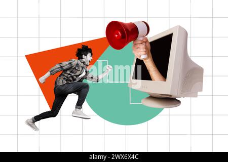 Collage fotografico composito di giovane Scream man run schermo del monitor del computer retro mano tenere il megafono isolato su sfondo dipinto Foto Stock