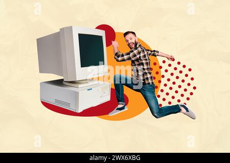Grafica di tendenza immagine di schizzo composito collage fotografico 3D di un ragazzo sorridente che lavora in ufficio a distanza da casa buon umore Foto Stock