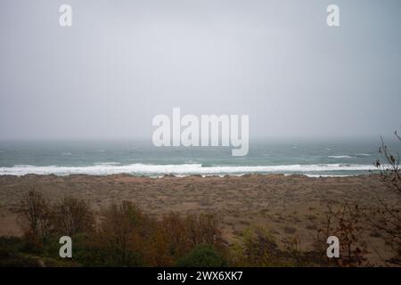 Abbraccia la mistica come la nebbia ricopre il mare e la costa, creando un'atmosfera eterea dove l'oceano incontra il fascino nebbioso di una terra marittima nebbiosa Foto Stock