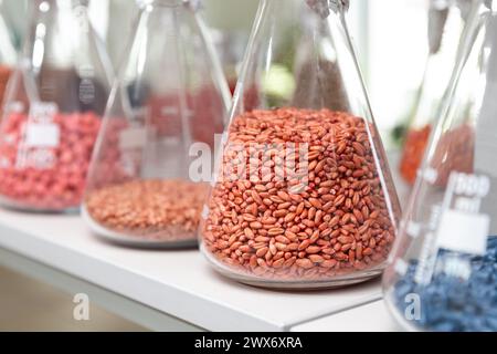 Campioni di grani incrostati e trattati in provette di vetro in laboratorio di agrochimica. Foto Stock