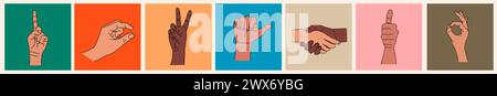 Icone di set vettoriali di gesti diversi della mano isolate. Illustrazione Vettoriale