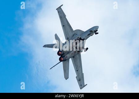 L'F/A-18F Super Hornet Rhino Demonstration Team della US Navy si esibisce all'Orlando Air and Space Show presso l'aeroporto internazionale di Orlando Sanford Foto Stock