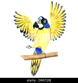 Amante della musica pappagallo giallo con le cuffie, personaggio disegnato ad acquerello su sfondo bianco per carte, poster, vestiti e motivi Foto Stock
