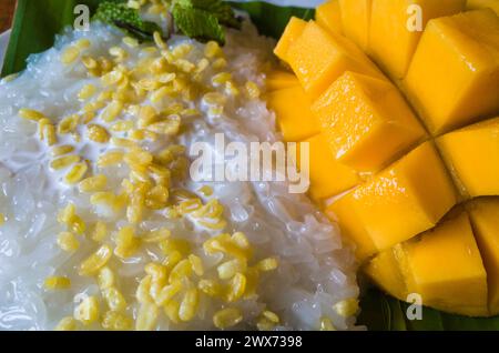 Mango con riso appiccicoso - dessert tradizionale tailandese fatto con riso glutinoso, mango fresco e latte di cocco Foto Stock