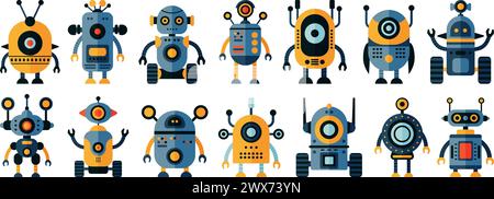 Set di icone robot colorate retrò isolate su sfondo bianco. Illustrazione del vettore piatto del concetto di intelligenza artificiale dei personaggi. Illustrazione Vettoriale
