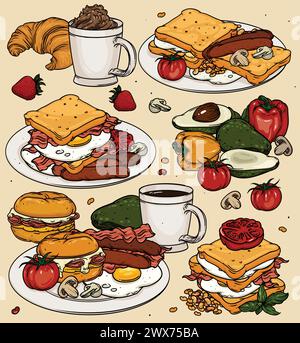 Cartoni per la colazione classica con uova, pane tostato e caffè. Colazione a colori vettoriali sullo sfondo. Colazione classica con pancetta, uova, toast, Illustrazione Vettoriale