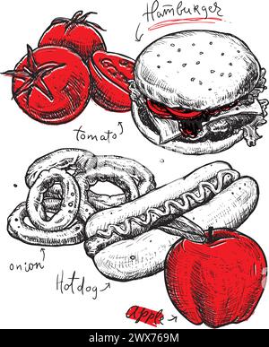Poster vintage del fast food. Illustrazione disegnata a mano. Hamburger, pomodori e patatine fritte isolate su sfondo bianco. Poster del fast food per il tuo progetto Illustrazione Vettoriale
