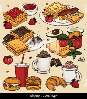 Cartoni per la colazione classica con uova, pane tostato e caffè. Colazione a colori vettoriali sullo sfondo. Colazione classica con pancetta, uova, toast, Illustrazione Vettoriale