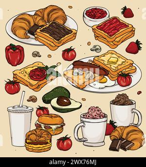Cartoni per la colazione classica con uova, pane tostato e caffè. Colazione a colori vettoriali sullo sfondo. Colazione classica con pancetta, uova, toast, Illustrazione Vettoriale