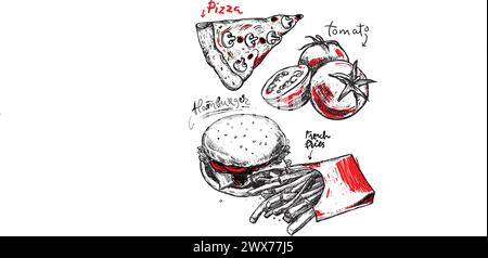 Poster vintage del fast food. Illustrazione disegnata a mano. Hamburger, pomodori e patatine fritte isolate su sfondo bianco. Poster del fast food per il tuo progetto Illustrazione Vettoriale