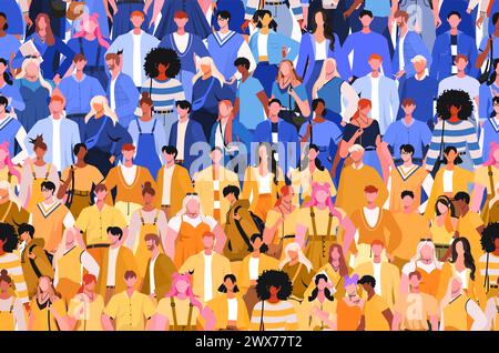 Un grande gruppo di persone è in piedi in abiti di colore blu e giallo sotto forma di bandiera Ucraina. Una folla di giovani uomini e donne Foto Stock