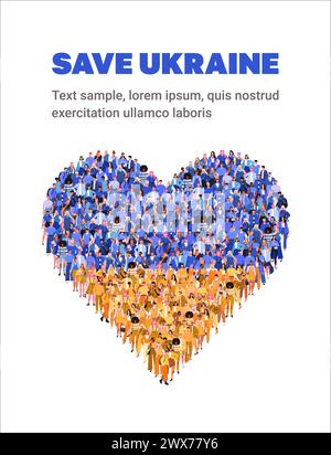 Un grande gruppo di persone sta in piedi in abiti di colore blu e giallo a forma di cuore a sostegno dell'Ucraina. Colore della bandiera nazionale Ucraina Foto Stock