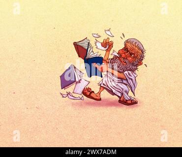 Arte caricatura antico filosofo greco Platone che strappa libri è famoso per voler bandire poesie e poeti dalla sua città ideale della Repubblica Foto Stock