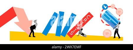 Banner. Collage d'arte contemporanea. Giovani che cercano di superare situazioni di crisi in azienda a scapito dei fondi di credito Foto Stock