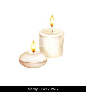 candele bianche a bruciatura di acquerelli con fuoco, due candele di forme diverse, illustrazione per interni accoglienti, saloni termali isolati su sfondo bianco, Foto Stock