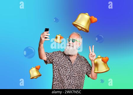 Collage fotografico creativo senior funky pensionato che scatta selfie occhiali da sole festa dell'amore san valentino febbraio disegno sfondo Foto Stock