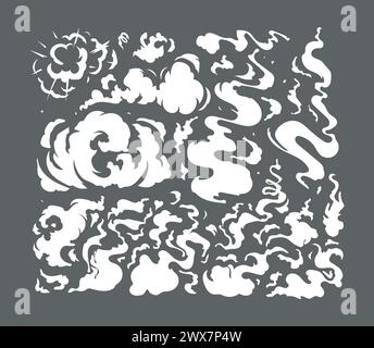 Modello effetti fumo vettoriale. Nuvole di vapore di cartoni animati, nebbia, nebbia, vapore acqueo, o illustrazione VFX 2D con esplosione di polvere. Elementi clip art Illustrazione Vettoriale