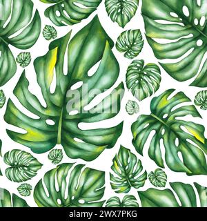 Acquerello con motivo senza cuciture e foglie di monstera tropicale. Motivo vegetale senza cuciture tropicale per tessuti, tessuti, carte da parati, ecc. Foto Stock