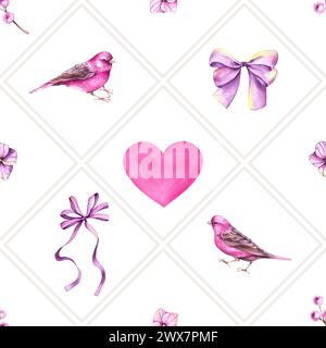 Acquerello motivo geometrico senza cuciture con uccelli e fiori. Motivo senza cuciture disegnato a mano con accessori e fiori per San Valentino per i tessuti Foto Stock