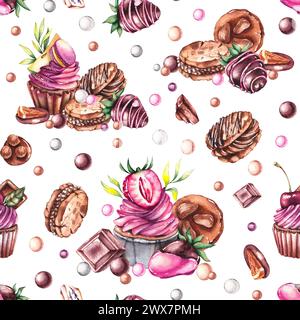 Motivo acquerello senza cuciture con dolci e dessert. Delizioso disegno disegnato a mano con cupcake, fragole ricoperte di cioccolato e biscotti per texti Foto Stock