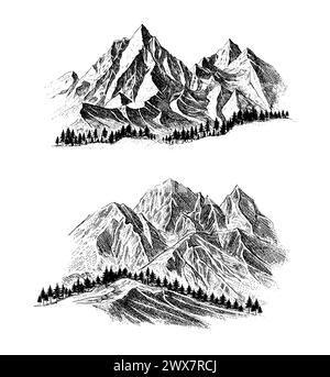 Montagna con pini e paesaggio nero su sfondo bianco. Picchi rocciosi disegnati a mano nello stile di schizzo. Illustrazione vettoriale. Illustrazione Vettoriale