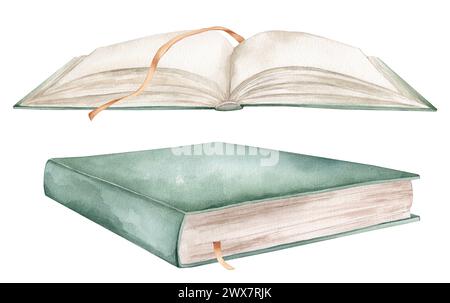 Serie di libri illustrazioni ad acquerello isolate su sfondo bianco. Apri libri con colori verdi e segnalibri. Vecchi libri di testo d'epoca, acquerello disegnato a mano Foto Stock