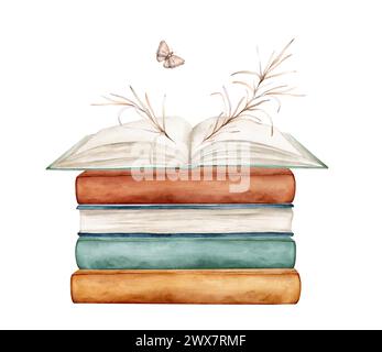 Set di libri con piante e acquerello a farfalla isolato su sfondo bianco. Libri aperti di colore marrone/verde. Pila di libri clipart Foto Stock