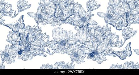 Fiori senza cuciture motivo . Illustrazioni della linea Magnolia. Arte floreale con incisione vintage Sfondo romantico. Illustrazione Vettoriale