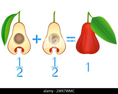 Rapporto d'azione delle metà di aggiunta, esempi con le mele di rosa. Gioco educativo per bambini. Illustrazione Vettoriale