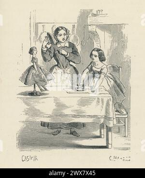 "Dato che non mi ascolterai, Elizabeth, non tornerai più; prenderò i ferri da stiro e li rimetterò nell'armadietto - voglio i miei ferri da stiro", gridò Elizabeth: "Voglio i miei ferri da stiro." Illustrazione da "Les malheurs de Sophie", scritta dalla contessa di Ségur nel 1858. Edizione 1880 illustrata da Horace Castelli e pubblicata da Hachette. Foto Stock