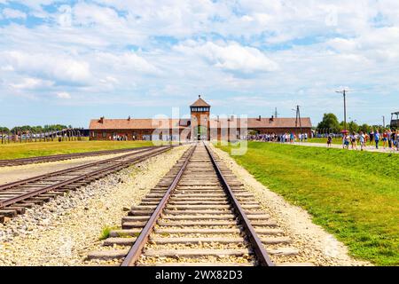 Binario ferroviario e principale casa di guardia delle SS presso l'ex campo di concentramento nazista di Auschwitz-Birkenau, Polonia Foto Stock