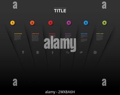 Modello di schema astratto con sei sezioni di procedura su sfondo bianco divise da un'ombra scura con icone numeriche e una descrizione. Nebbia multiuso Illustrazione Vettoriale