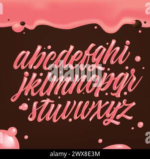 Crema rosa su sfondo cialda al cioccolato. Alfabeto a base di papaveri. Font gelato. Illustrazione Vettoriale