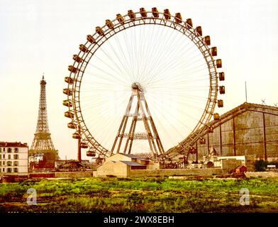 La G=grande ruota e Torre Eiffel - la grande Roue, Parigi, Francia, CA. 1890-1900 Foto Stock
